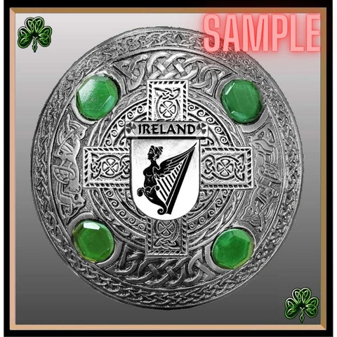 Jones Irish Coat of Arms Celtic Design Plaid Brooch with Green Stones