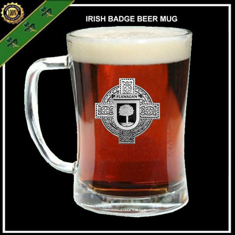 Flanagan Irish Coat of Arms Badge Glass Beer Mug