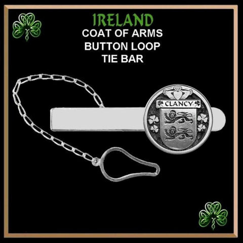 Clancy Irish Coat of Arms Disk Loop Tie Bar ~ Sterling silver