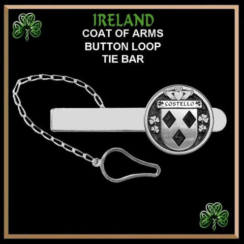 Costello Irish Coat of Arms Disk Loop Tie Bar ~ Sterling silver