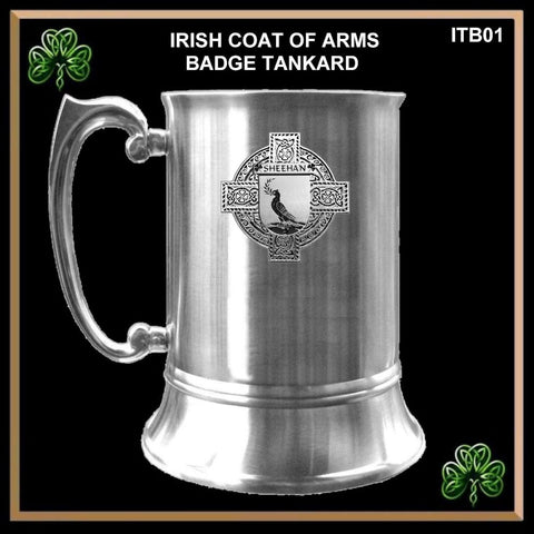 Sheehan Irish Coat Of Arms Badge Stainless Steel Tankard