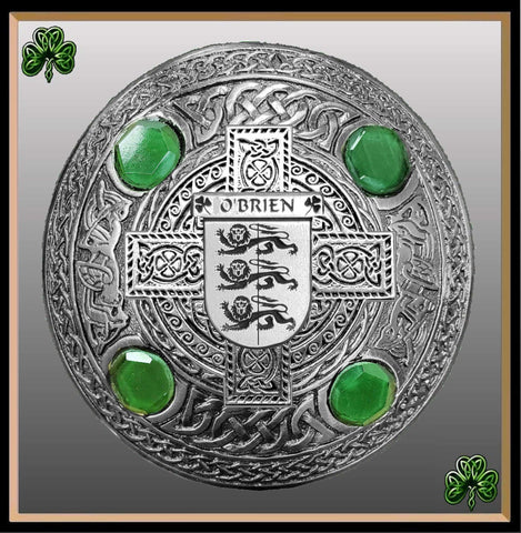 O'Brien Irish Coat of Arms Celtic Cross Plaid Brooch with Green Stones