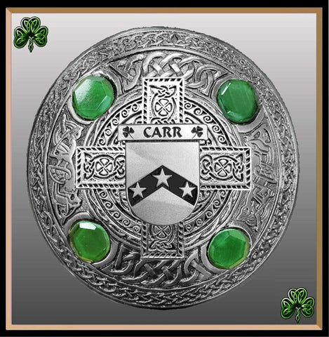 Carr Irish Coat of Arms Celtic Cross Plaid Brooch with Green Stones