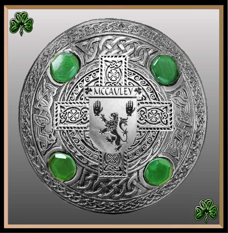 McCauley Irish Coat of Arms Celtic Cross Plaid Brooch with Green Stones