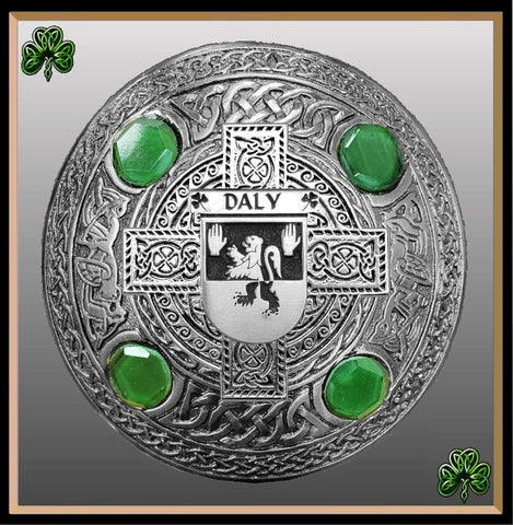 Daly Irish Coat of Arms Celtic Cross Plaid Brooch with Green Stones