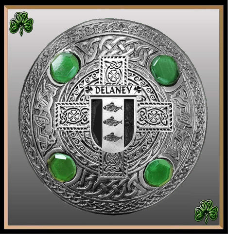 Delaney Irish Coat of Arms Celtic Cross Plaid Brooch with Green Stones