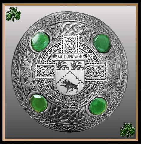 McDonough Irish Coat of Arms Celtic Cross Plaid Brooch with Green Stones