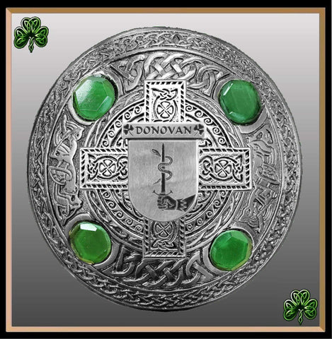 Donovan Irish Coat of Arms Celtic Cross Plaid Brooch with Green Stones