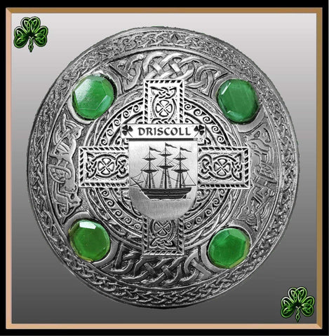 Driscoll Irish Coat of Arms Celtic Cross Plaid Brooch with Green Stones