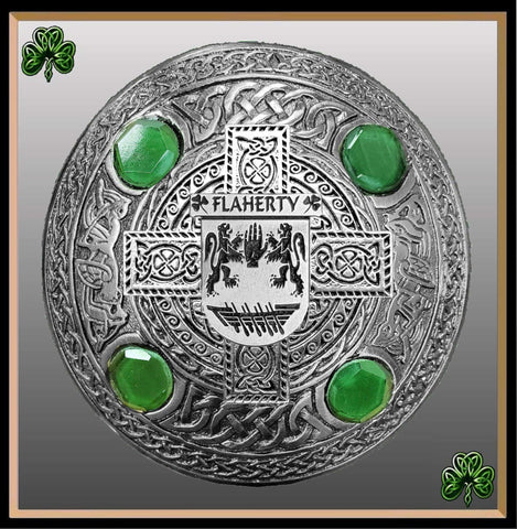 Flaherty Irish Coat of Arms Celtic Cross Plaid Brooch with Green Stones