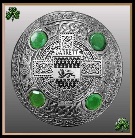 Garrett Irish Coat of Arms Celtic Cross Plaid Brooch with Green Stones