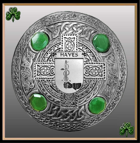 Hayes Irish Coat of Arms Celtic Cross Plaid Brooch with Green Stones