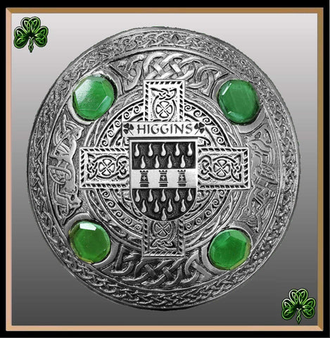 Higgins Irish Coat of Arms Celtic Cross Plaid Brooch with Green Stones