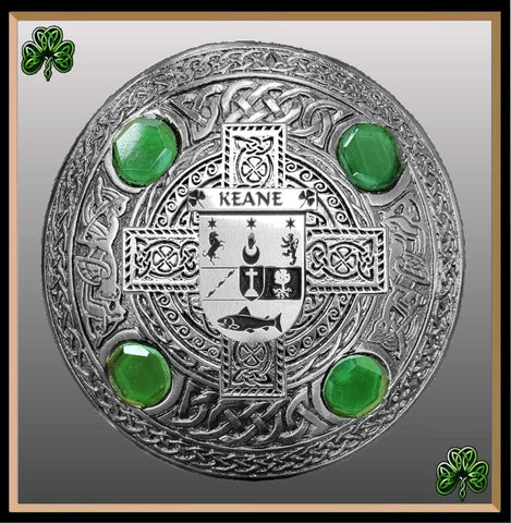 Keane Irish Coat of Arms Celtic Cross Plaid Brooch with Green Stones