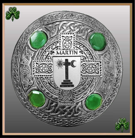 Martin Irish Coat of Arms Celtic Cross Plaid Brooch with Green Stones
