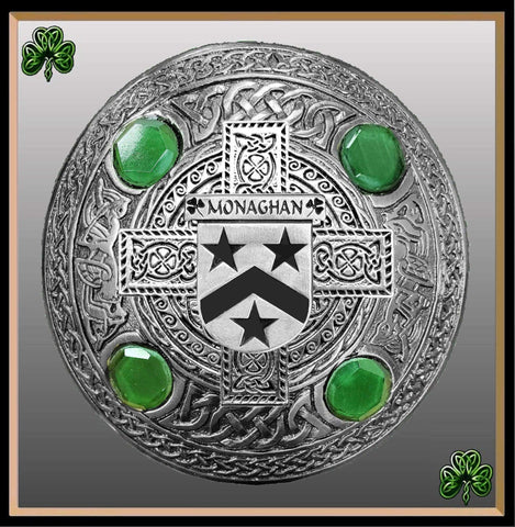 Monaghan Irish Coat of Arms Celtic Cross Plaid Brooch with Green Stones