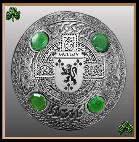Mulloy Irish Coat of Arms Celtic Cross Plaid Brooch with Green Stones
