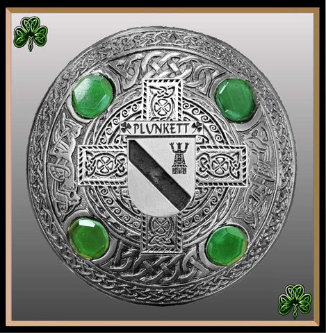 Plunkett Irish Coat of Arms Celtic Cross Plaid Brooch with Green Stones