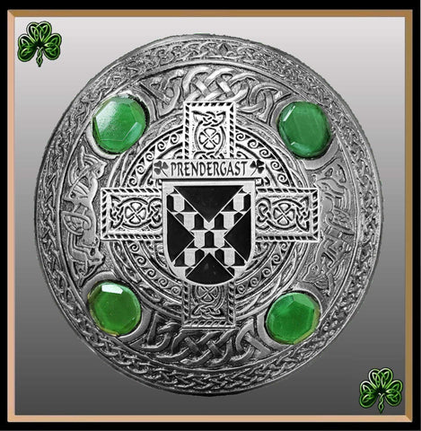 Prendergast (Tipperary) Irish Coat of Arms Celtic Cross Plaid Brooch with Green Stones