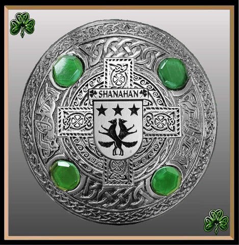 Shanahan Irish Coat of Arms Celtic Cross Plaid Brooch with Green Stones