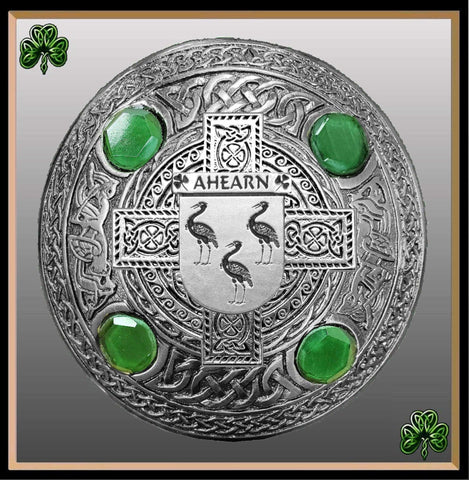 Ahearn Irish Coat of Arms Celtic Design Plaid Brooch with Green Stones