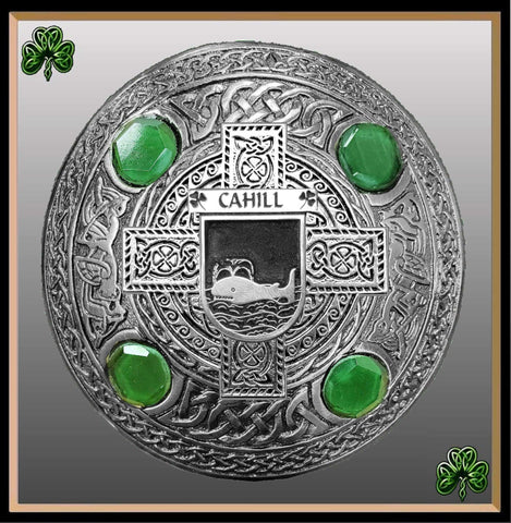 Cahill Irish Coat of Arms Celtic Cross Plaid Brooch with Green Stones