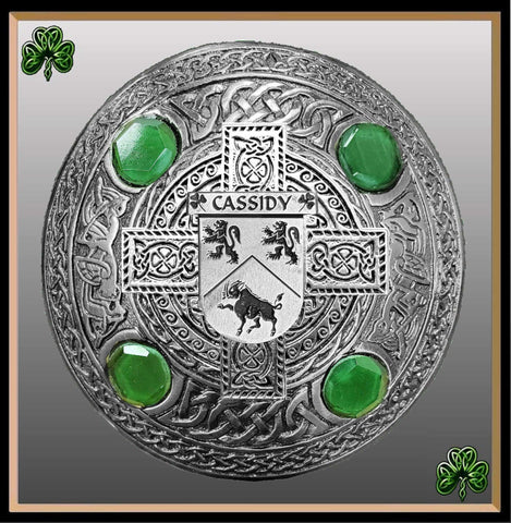 Cassidy Irish Coat of Arms Celtic Cross Plaid Brooch with Green Stones