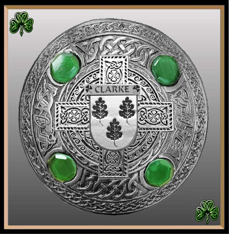 Clarke Irish Coat of Arms Celtic Cross Plaid Brooch with Green Stones