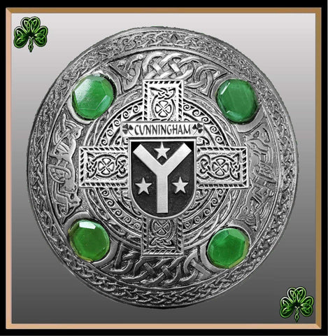 Cunningham Irish Coat of Arms Celtic Cross Plaid Brooch with Green Stones