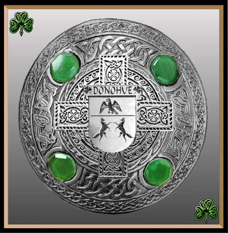 Donohue Irish Coat of Arms Celtic Cross Plaid Brooch with Green Stones