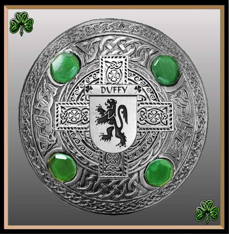 Duffy Irish Coat of Arms Celtic Cross Plaid Brooch with Green Stones
