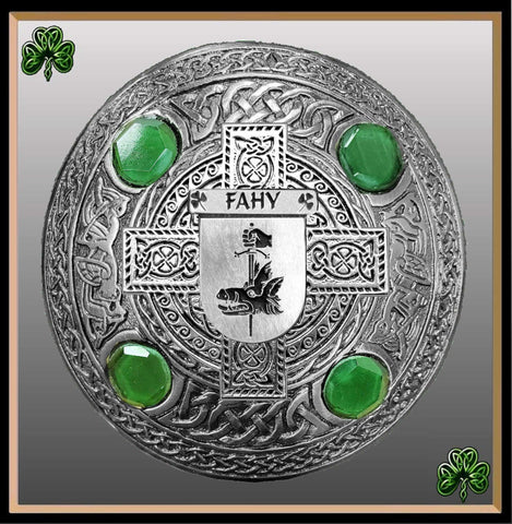 Fahy Irish Coat of Arms Celtic Cross Plaid Brooch with Green Stones