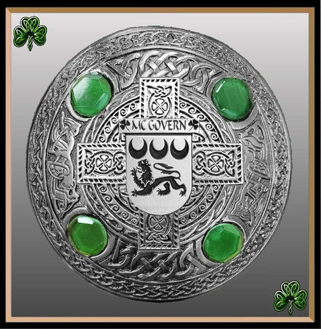 McGovern Irish Coat of Arms Celtic Cross Plaid Brooch with Green Stones