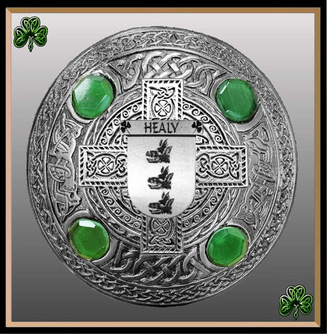 Healy Irish Coat of Arms Celtic Cross Plaid Brooch with Green Stones