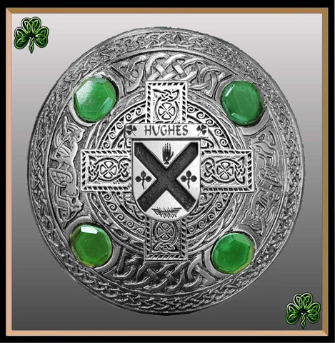 Hughes Irish Coat of Arms Celtic Cross Plaid Brooch with Green Stones