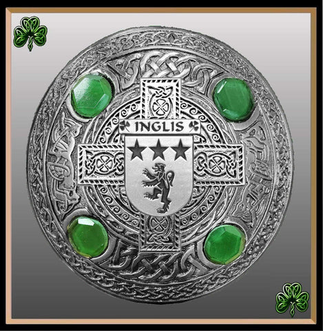 Inglis Irish Coat of Arms Celtic Cross Plaid Brooch with Green Stones