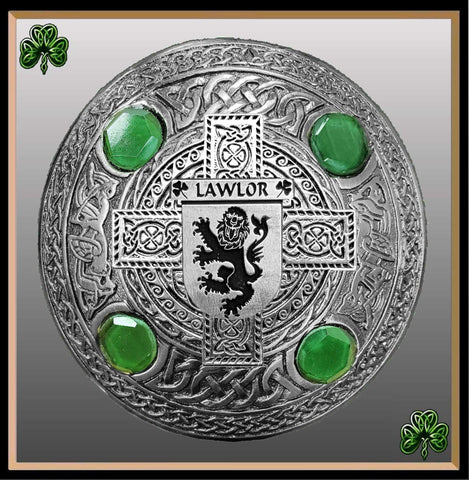 Lawlor Irish Coat of Arms Celtic Cross Plaid Brooch with Green Stones