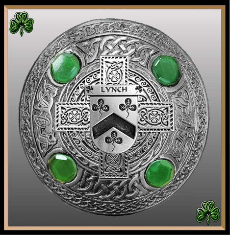 Lynch Irish Coat of Arms Celtic Cross Plaid Brooch with Green Stones