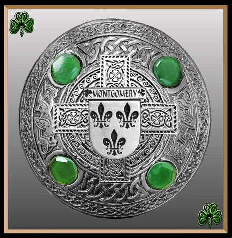 Montgomery Irish Coat of Arms Celtic Cross Plaid Brooch with Green Stones