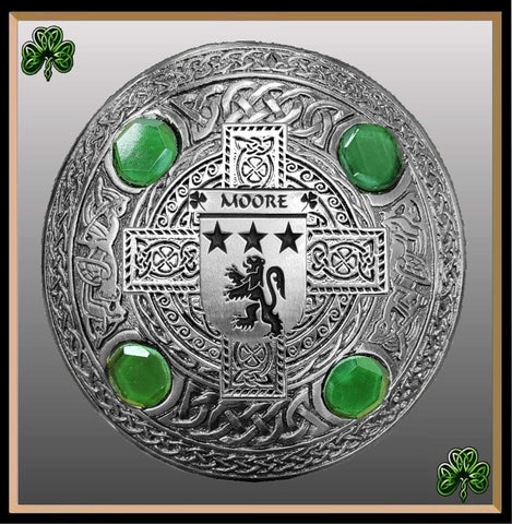 Moore Irish Coat of Arms Celtic Cross Plaid Brooch with Green Stones