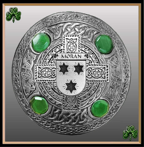 Moran Irish Coat of Arms Celtic Cross Plaid Brooch with Green Stones