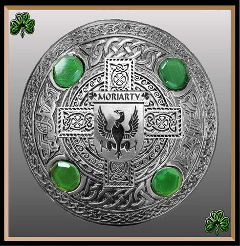 Moriarty Irish Coat of Arms Celtic Cross Plaid Brooch with Green Stones