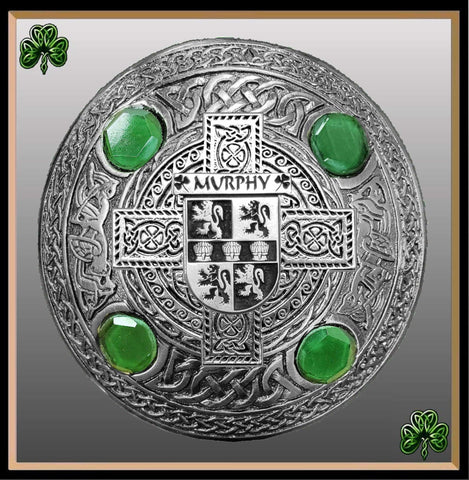 Murphy Irish Coat of Arms Celtic Design Plaid Brooch with Green Stones