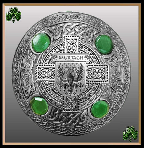 Murtagh Irish Coat of Arms Celtic Cross Plaid Brooch with Green Stones