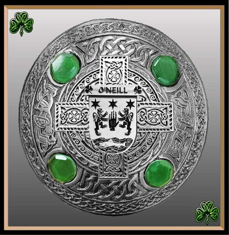 O'Neill Irish Coat of Arms Celtic Cross Plaid Brooch with Green Stones