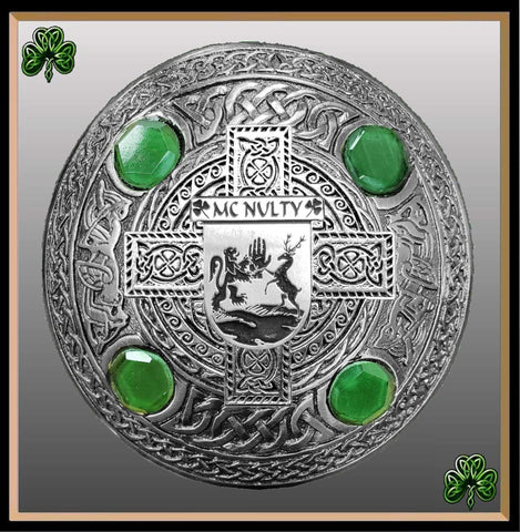 McNulty Irish Coat of Arms Celtic Cross Plaid Brooch with Green Stones