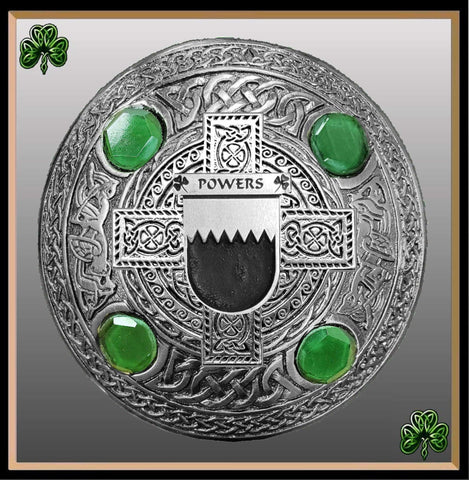 Powers Irish Coat of Arms Celtic Cross Plaid Brooch with Green Stones