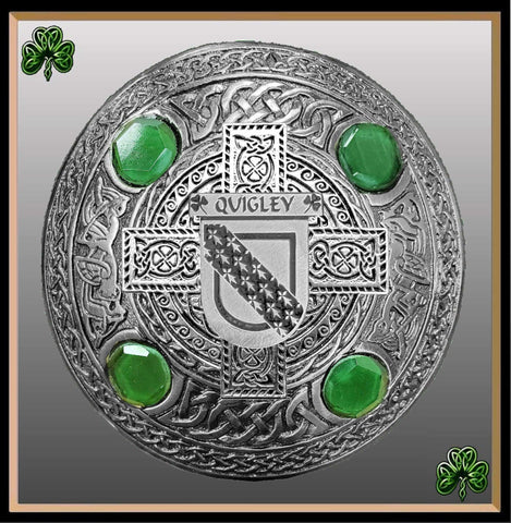 Quigley Irish Coat of Arms Celtic Cross Plaid Brooch with Green Stones