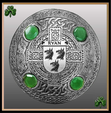 Ryan Irish Coat of Arms Celtic Cross Plaid Brooch with Green Stones