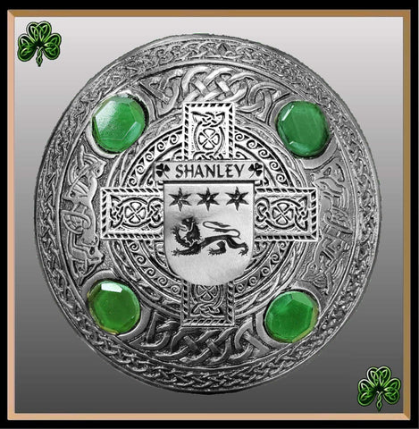 Shanley Irish Coat of Arms Celtic Cross Plaid Brooch with Green Stones